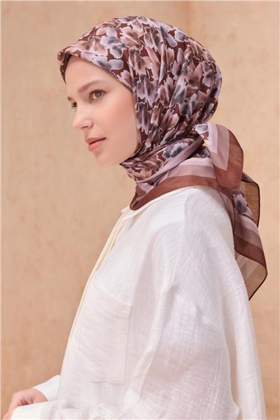 BELLİ ÇİÇEK DESEN PREMIUM SOFT KAHVE EŞARP 11