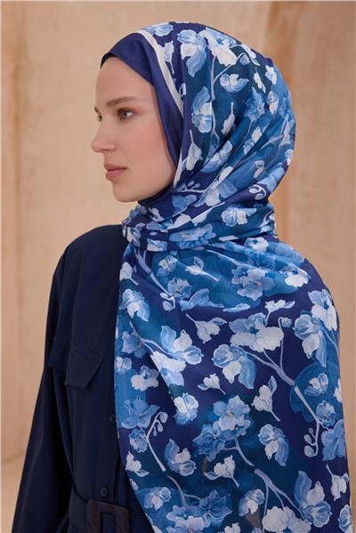 Belli Fresh Çiçek Desen Lacivert Tela Şal 4 - 03