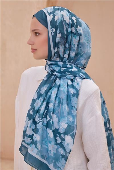 Belli Fresh Çiçek Desen Petrol Tela Şal 4 - 04