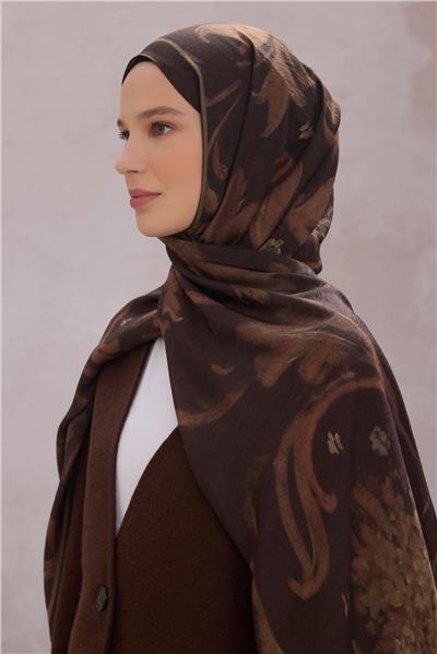 Belli Fresh Çiçek Desen Kahve Taba Lena Şal 1724 - 11