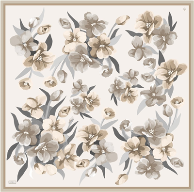 Bej Çiçek Desen %100 Twill İpek Eşarp 4330-84