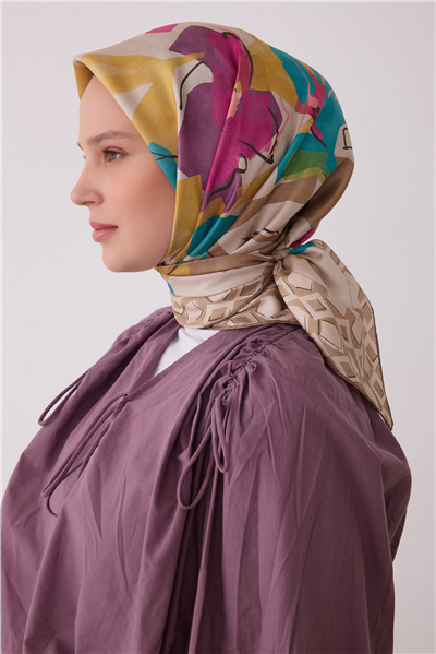 Bej Çiçek Deseni %100 Twill İpek Eşarp 4426-83
