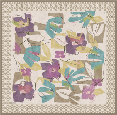 Bej Çiçek Deseni %100 Twill İpek Eşarp 4426-83