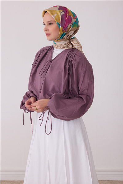 Bej Çiçek Deseni %100 Twill İpek Eşarp 4426-83