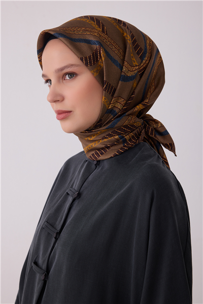 Bej Geometrik Desen %100 Twill İpek Eşarp 4424-05