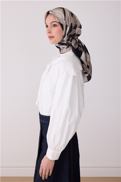 Bej Obje Desen %100 Twill İpek Eşarp 4300-85