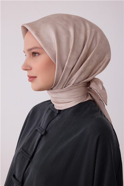 Bej Soyut Desen %100 Twill İpek Eşarp 4428-05