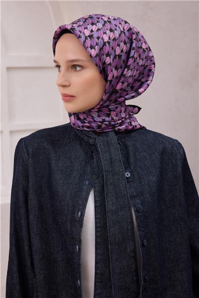 BELLİ ÇİÇEK DESEN İPEK EŞARP 4204D (TWILL) SİYAH MOR - 89