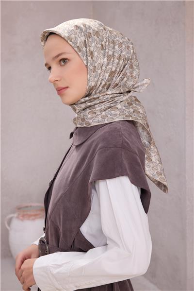 BELLİ ÇİÇEK DESEN İPEK EŞARP 4204D (TWILL) BEJ - 84