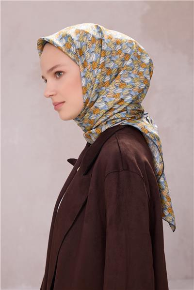 BELLİ ÇİÇEK DESEN İPEK EŞARP 4204D (TWILL) İNDİGO - 52