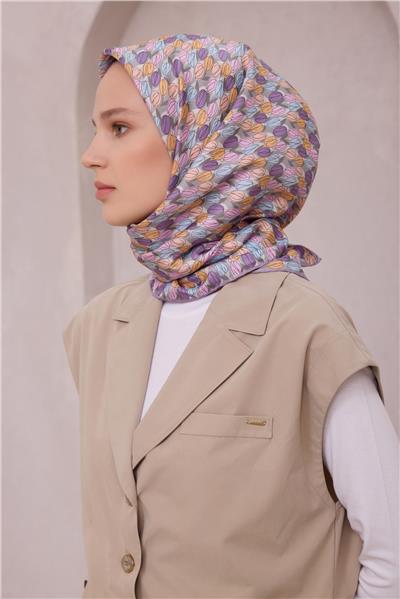 BELLİ ÇİÇEK DESEN İPEK EŞARP 4204D (TWILL) LİLA - 33