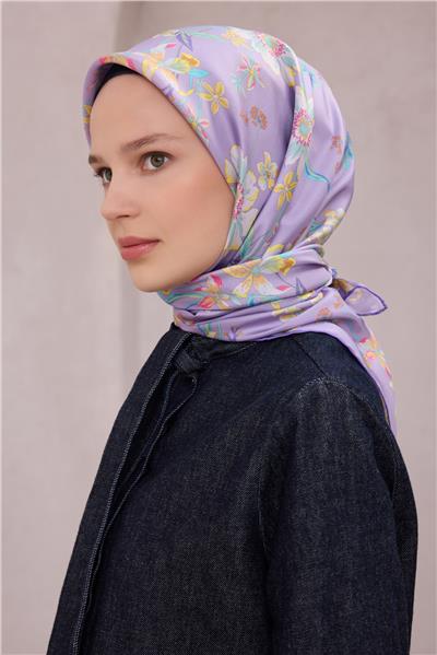 BELLİ ÇİÇEK DESEN İPEK EŞARP 4210D (TWILL) LİLA - 50