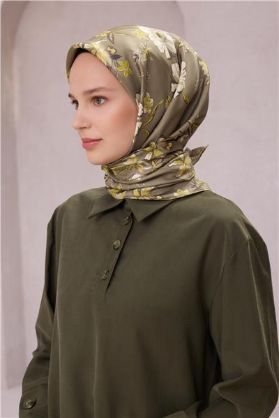 BELLİ ÇİÇEK DESEN İPEK EŞARP 4210D (TWILL) HAKİ - 87