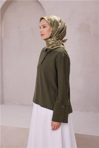 BELLİ ÇİÇEK DESEN İPEK EŞARP 4210D (TWILL) HAKİ - 87