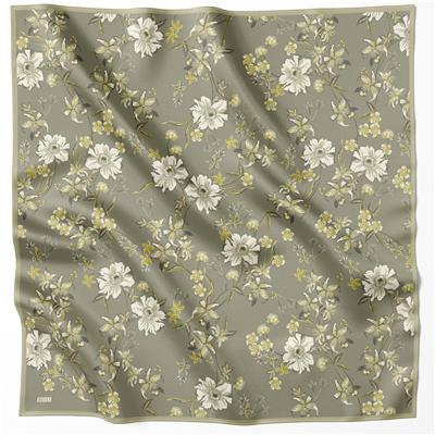 BELLİ ÇİÇEK DESEN İPEK EŞARP 4210D (TWILL) HAKİ - 87