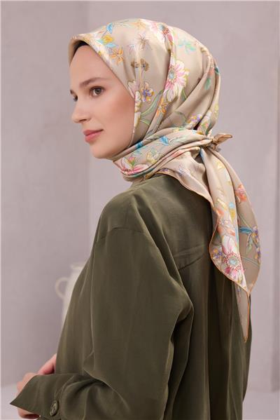 BELLİ ÇİÇEK DESEN İPEK EŞARP 4210D (TWILL) VİZON - 07