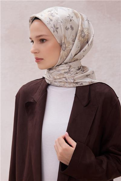 BELLİ ÇİÇEK DESEN İPEK EŞARP 4210D (TWILL) TAŞ - 82