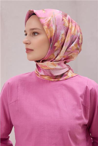 BELLİ ÇİÇEK DESEN İPEK EŞARP 4217D (TWILL) PEMBE - 04