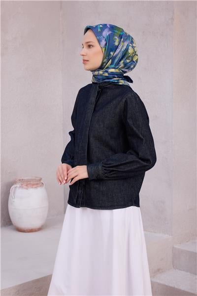 BELLİ ÇİÇEK DESEN İPEK EŞARP 4217D (TWILL) LACİVERT - 80