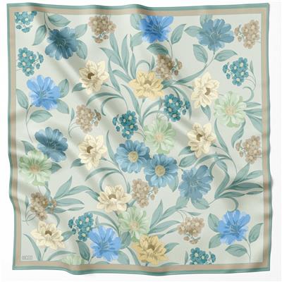 BELLİ ÇİÇEK DESEN İPEK EŞARP 4219D (TWILL) MAVİ YEŞİL - 53