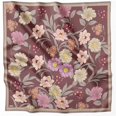 BELLİ ÇİÇEK DESEN İPEK EŞARP 4219D (TWILL) KIZIL KAHVE - 51