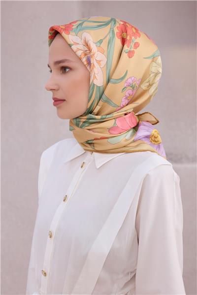 BELLİ ÇİÇEK DESEN İPEK EŞARP 4219D (TWILL) BEJ - 50