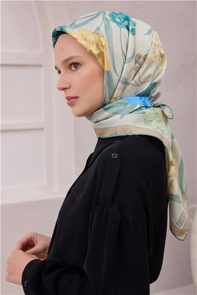 BELLİ ÇİÇEK DESEN İPEK EŞARP 4219D (TWILL) MAVİ YEŞİL - 53
