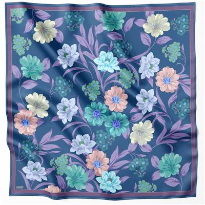 BELLİ ÇİÇEK DESEN İPEK EŞARP 4219D (TWILL) MAVİ MOR - 57