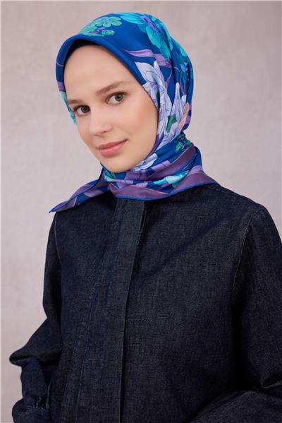 BELLİ ÇİÇEK DESEN İPEK EŞARP 4219D (TWILL) MAVİ MOR - 57