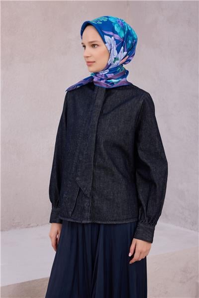 BELLİ ÇİÇEK DESEN İPEK EŞARP 4219D (TWILL) MAVİ MOR - 57