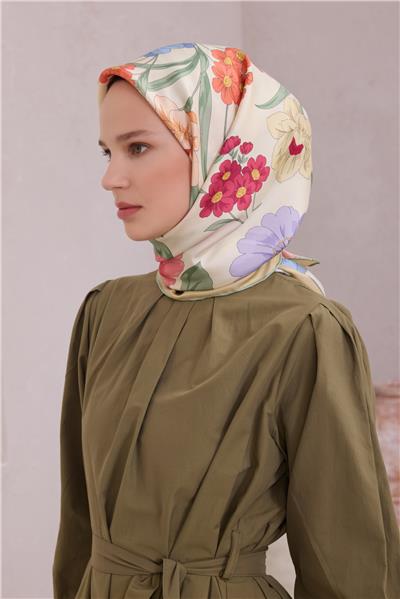 BELLİ ÇİÇEK DESEN İPEK EŞARP 4219D (TWILL) MİNT - 52