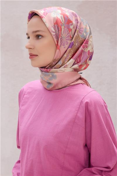 BELLİ ÇİÇEK DESEN İPEK EŞARP 4220D (TWILL) PUDRA - 20