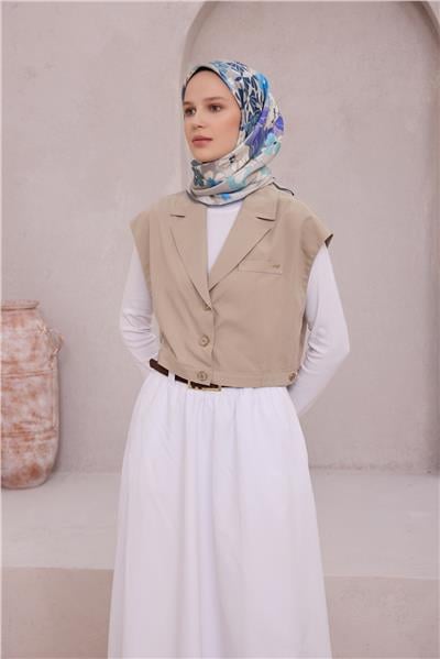 BELLİ ÇİÇEK DESEN İPEK EŞARP 4220D (TWILL) GRİ MAVİ - 56