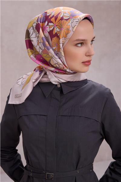 BELLİ ÇİÇEK DESEN İPEK EŞARP 4220D (TWILL) GRİ PEMBE - 31