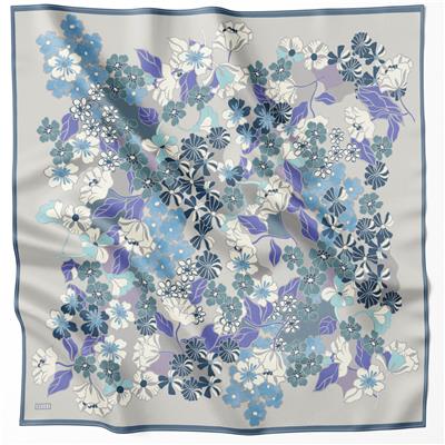 BELLİ ÇİÇEK DESEN İPEK EŞARP 4220D (TWILL) GRİ MAVİ - 56