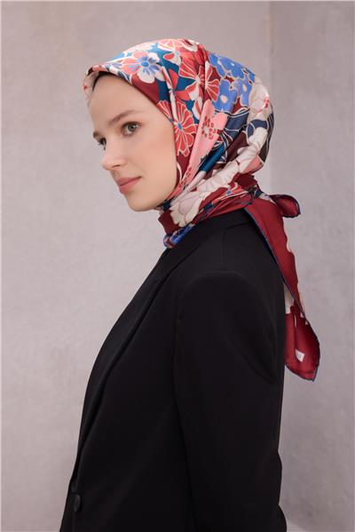 BELLİ ÇİÇEK DESEN İPEK EŞARP 4220D (TWILL) BORDO - 36