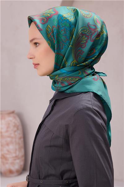 BELLİ ÇİÇEKLİ DESEN İPEK EŞARP 4207D (TWILL) ZÜMRÜT - 05