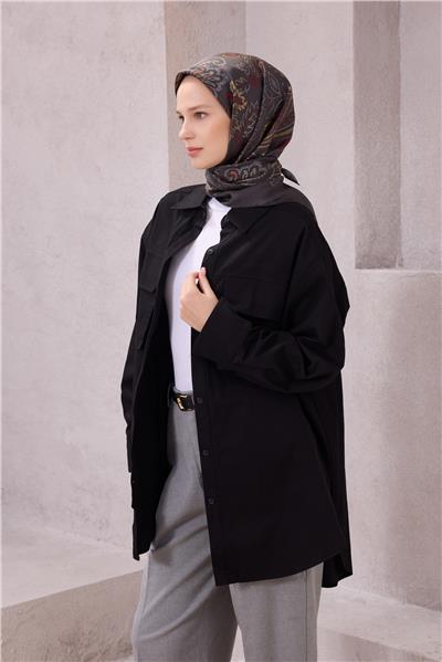 BELLİ ÇİÇEKLİ DESEN İPEK EŞARP 4207D (TWILL) ANTRASİT - 07