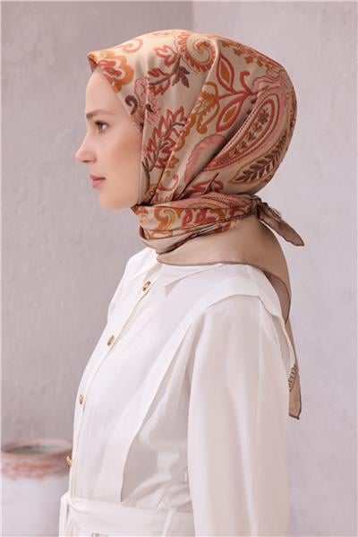 BELLİ ÇİÇEKLİ DESEN İPEK EŞARP 4207D (TWILL) BEJ - 03