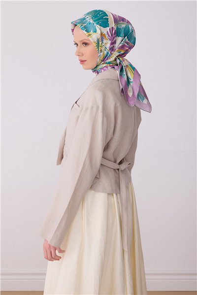 Turkuaz Çok Renkli Çiçek Desen %100 Twill İpek Eşarp 4323-84