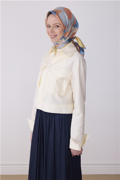 Mavi Çok Renkli Çiçek Desen %100 Twill İpek Eşarp 4306-07