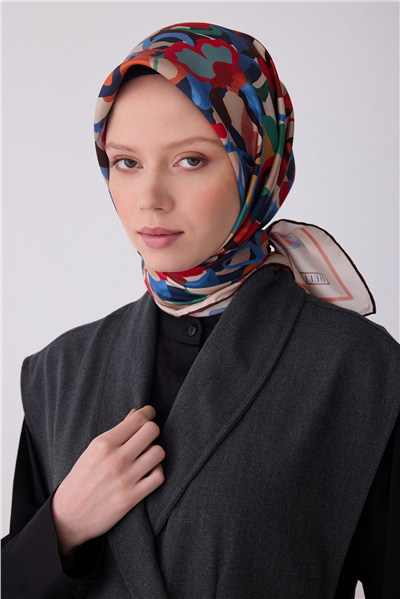 Kırmızı Çok Renkli Çiçek Desen %100 Twill İpek Eşarp 4312-85