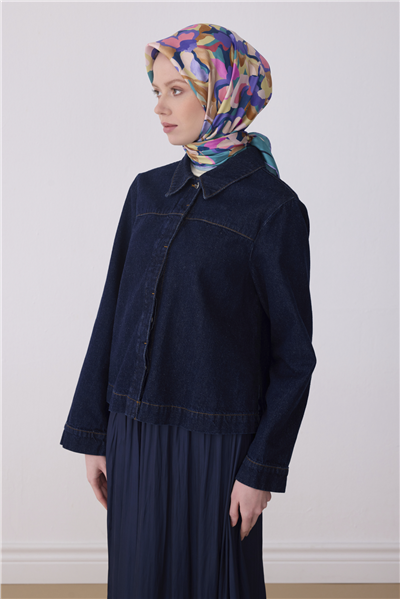 Lacivert Çok Renkli Çiçek Desen %100 Twill İpek Eşarp 4312-36