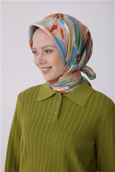 Bebe Mavisi Çok Renkli Çiçek Desen %100 Twill İpek Eşarp 4315-02