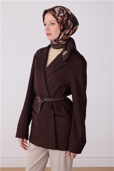 Acı Kahve Çiçek Desen %100 Twill İpek Eşarp 4330-51