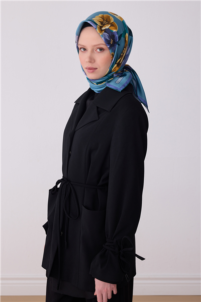 Mavi Çok Renkli Çiçek Desen %100 Twill İpek Eşarp 4330-82