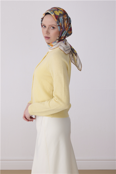 Gri Çok Renkli Çiçek Desen %100 Twill İpek Eşarp 4312-84