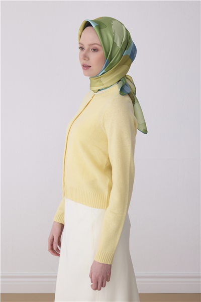 Yeşil Çok Renkli Çiçek Desen %100 Twill İpek Eşarp 4306-53