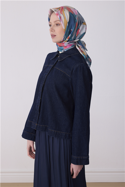 Petrol Yeşili Çok Renkli Çiçek Desen %100 Twill İpek Eşarp 4315-82