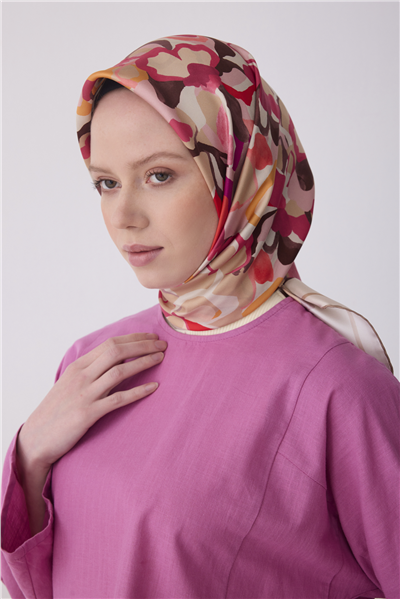 Pembe Çok Renkli Çiçek Desen %100 Twill İpek Eşarp 4312-35